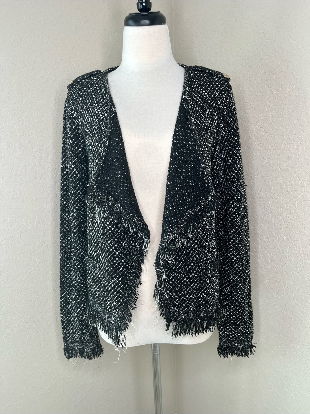 White House Black Market Black and White Textured Knit Cardigan